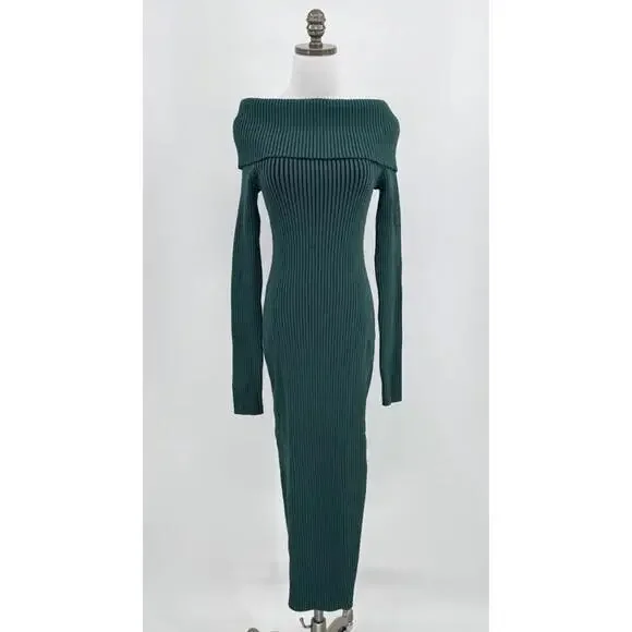 NICHOLAS | Dresses | Nicholas Womens Green Ribbed Stretch Shawl Collar  Bodycon Midi Dress Sz M | Poshmark